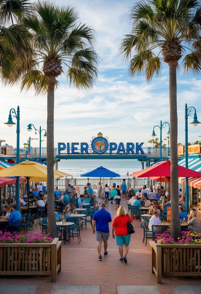 7 Best Things to Do in Panama City Beach, Florida: Your Ultimate Guide to Coastal Adventures 3 A bustling scene at Pier Park, with colorful shops and outdoor dining, surrounded by palm trees and a view of the beach