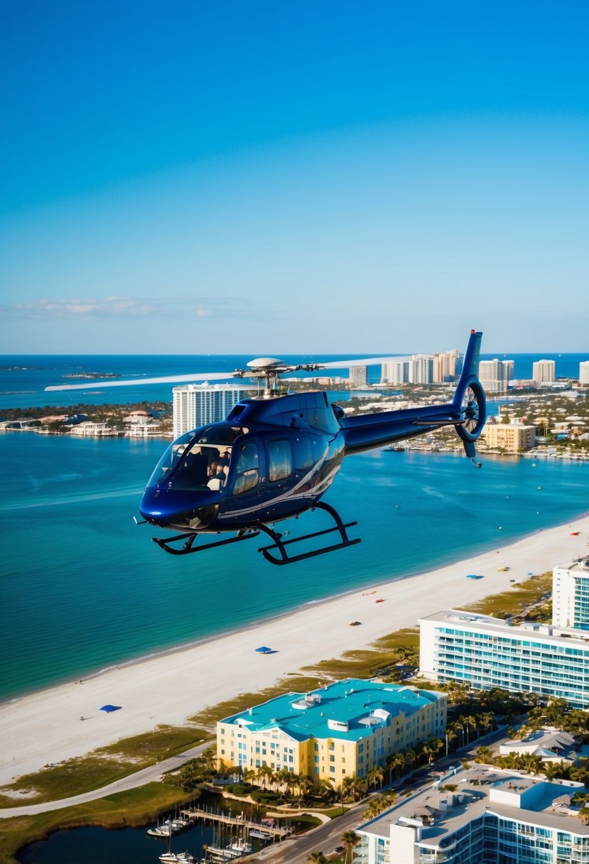7 Best Things to Do in Panama City Beach, Florida: Your Ultimate Guide to Coastal Adventures 8 A helicopter hovers over Panama City Beach, Florida, showcasing pristine beaches, clear blue waters, bustling waterfront, and sprawling cityscape