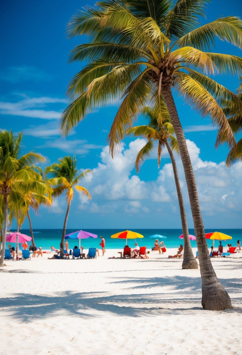 7 Best Things to Do in Panama City Beach, Florida: Your Ultimate Guide to Coastal Adventures 9 A vibrant beach scene with palm trees, white sand, and clear blue water. In the distance, there are colorful beach umbrellas and people enjoying various activities