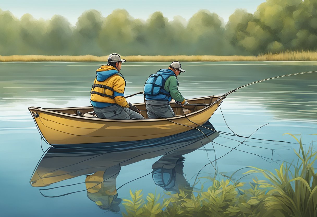 A beginner angler struggles with tangled fishing line while attempting to cast into a calm lake