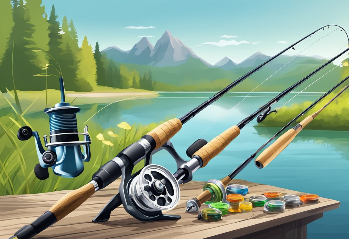 A fishing rod and reel with various lures and tackle laid out on a wooden dock with a scenic lake or river in the background