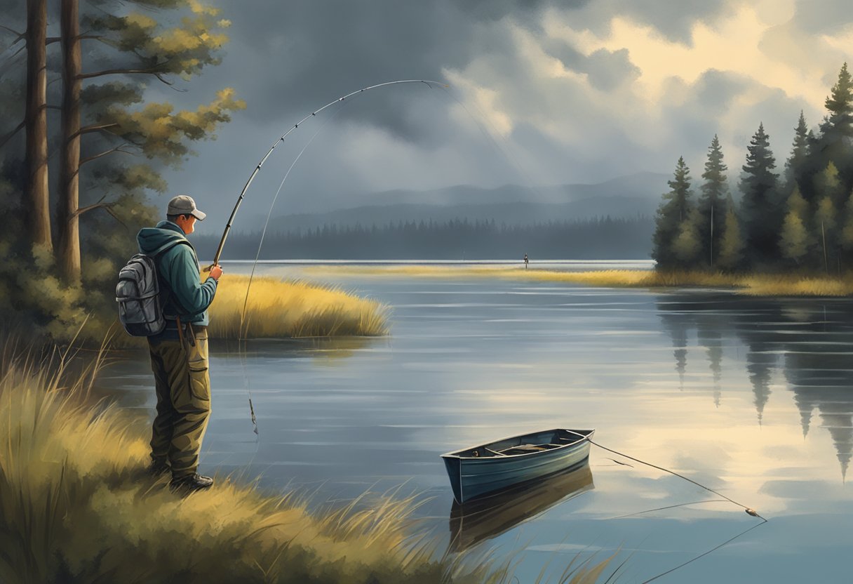 A beginner angler stands on the edge of a serene lake, casting their line into the water despite storm clouds looming in the distance
