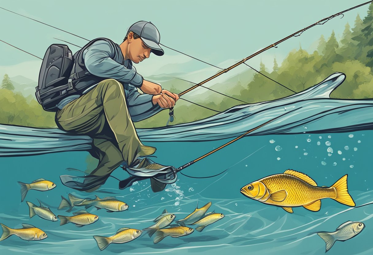 A beginner angler struggles with tangled fishing line and a poorly casted rod, while a fish swims just out of reach