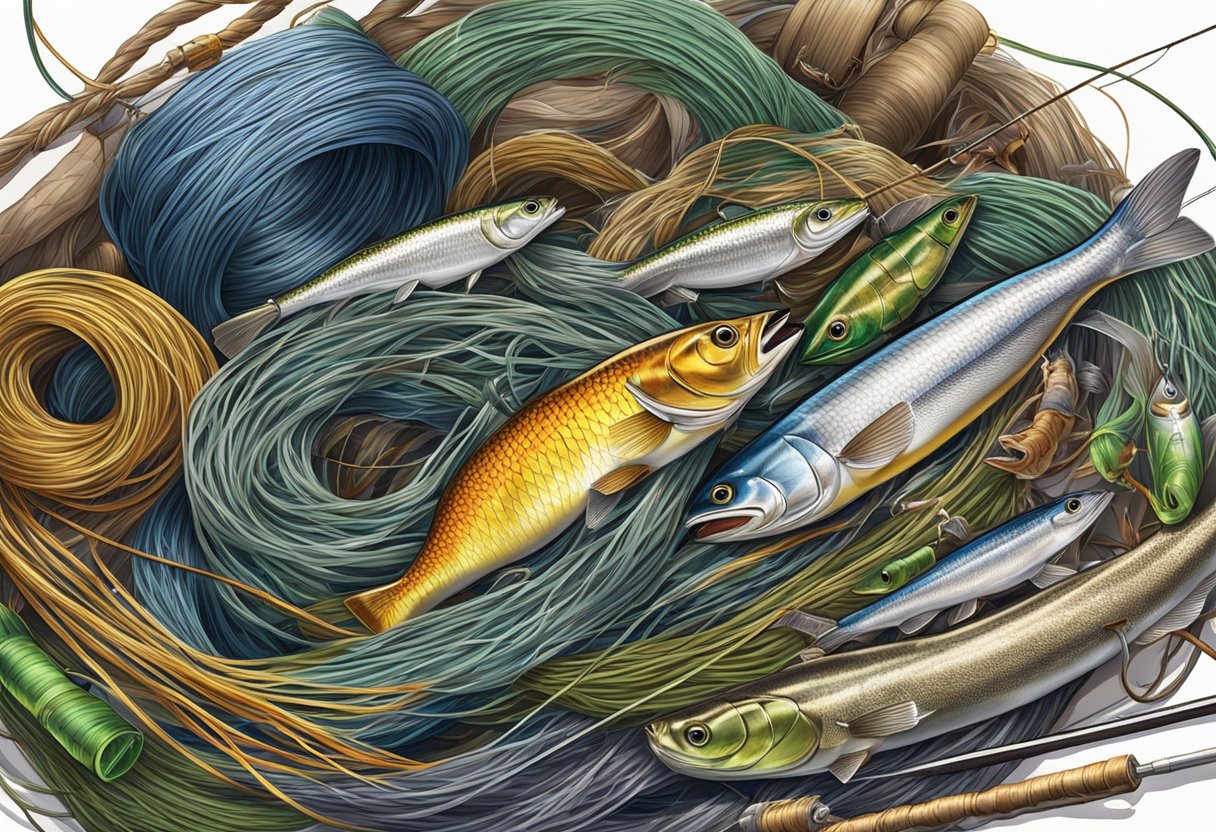 A fishing line tangled in a mess of knots, hooks, and lures, causing frustration for the angler