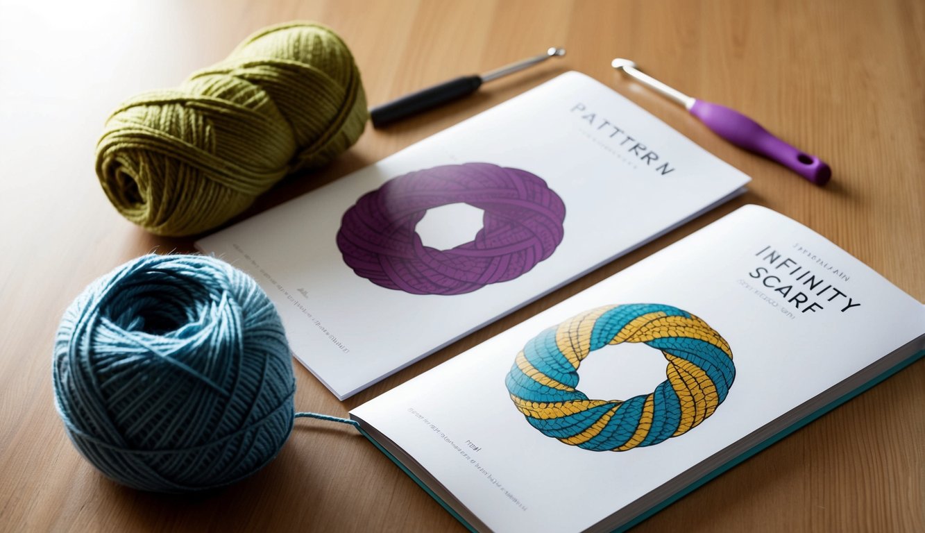 A table with yarn, crochet hook, and a pattern book open to an infinity scarf design
