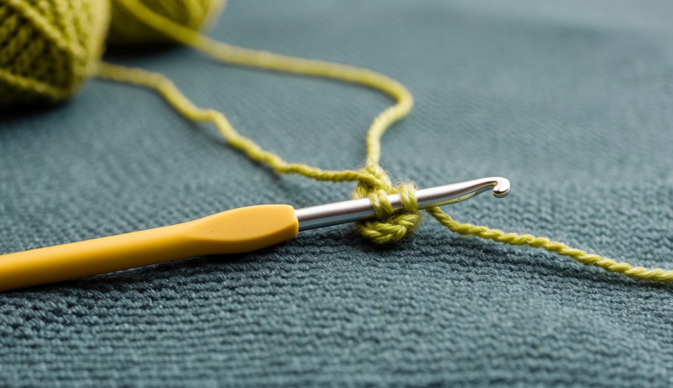 A table with yarn, crochet hooks, and instructional books. A person practicing stitches with a determined expression