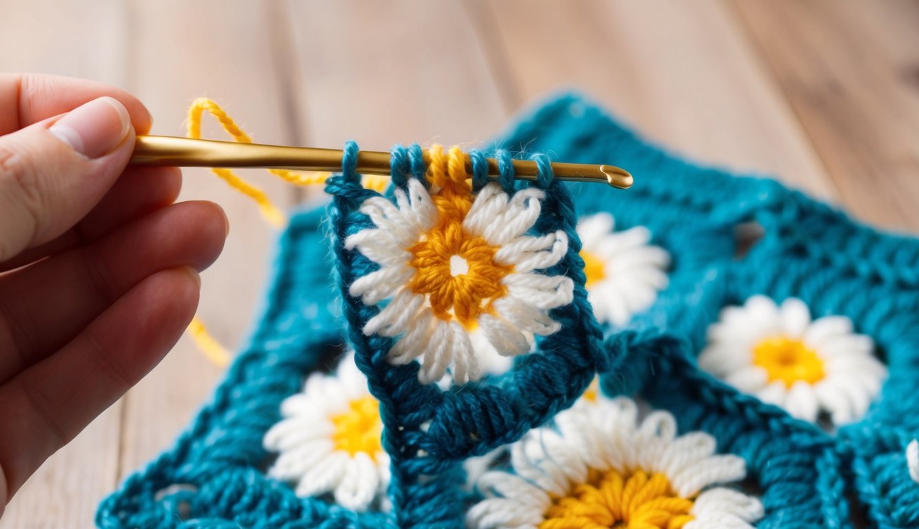 A crochet hook pulls yarn through loops to form a daisy granny square