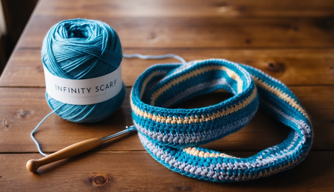 A skein of yarn, a crochet hook, and a patterned infinity scarf in progress on a wooden table
