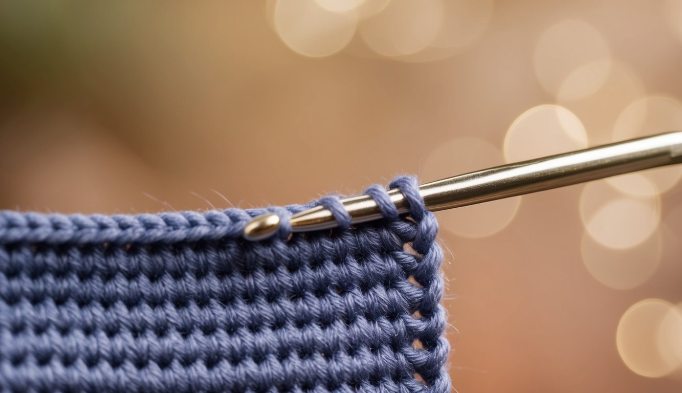 A crochet hook working around the front of a vertical post stitch