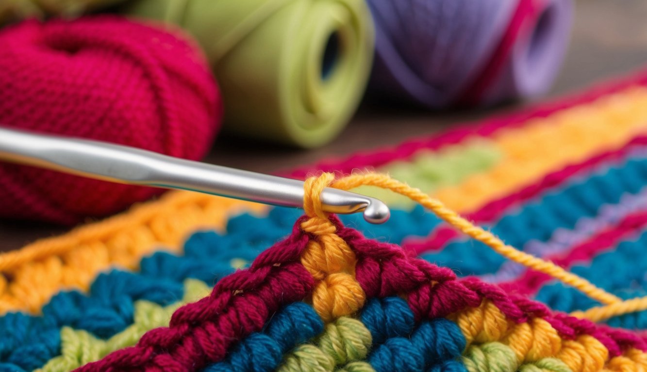 A crochet hook and colorful yarn creating a shell stitch pattern