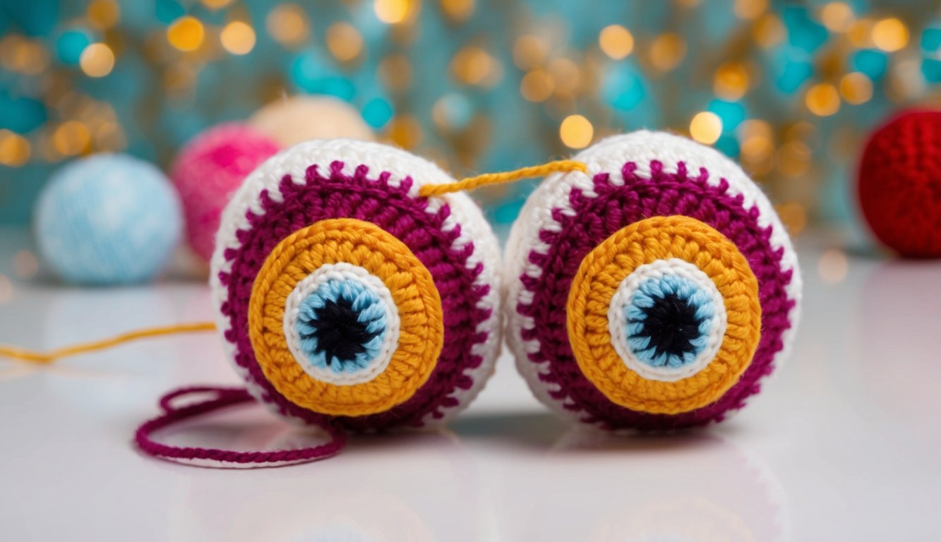Two crochet eyes being stitched onto a plush toy