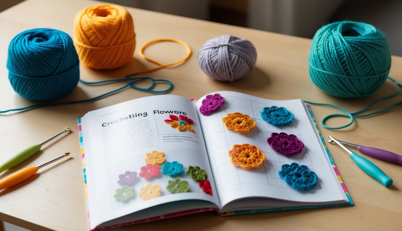 A table with colorful yarn, crochet hooks, and a pattern book open to a page on crocheting flowers