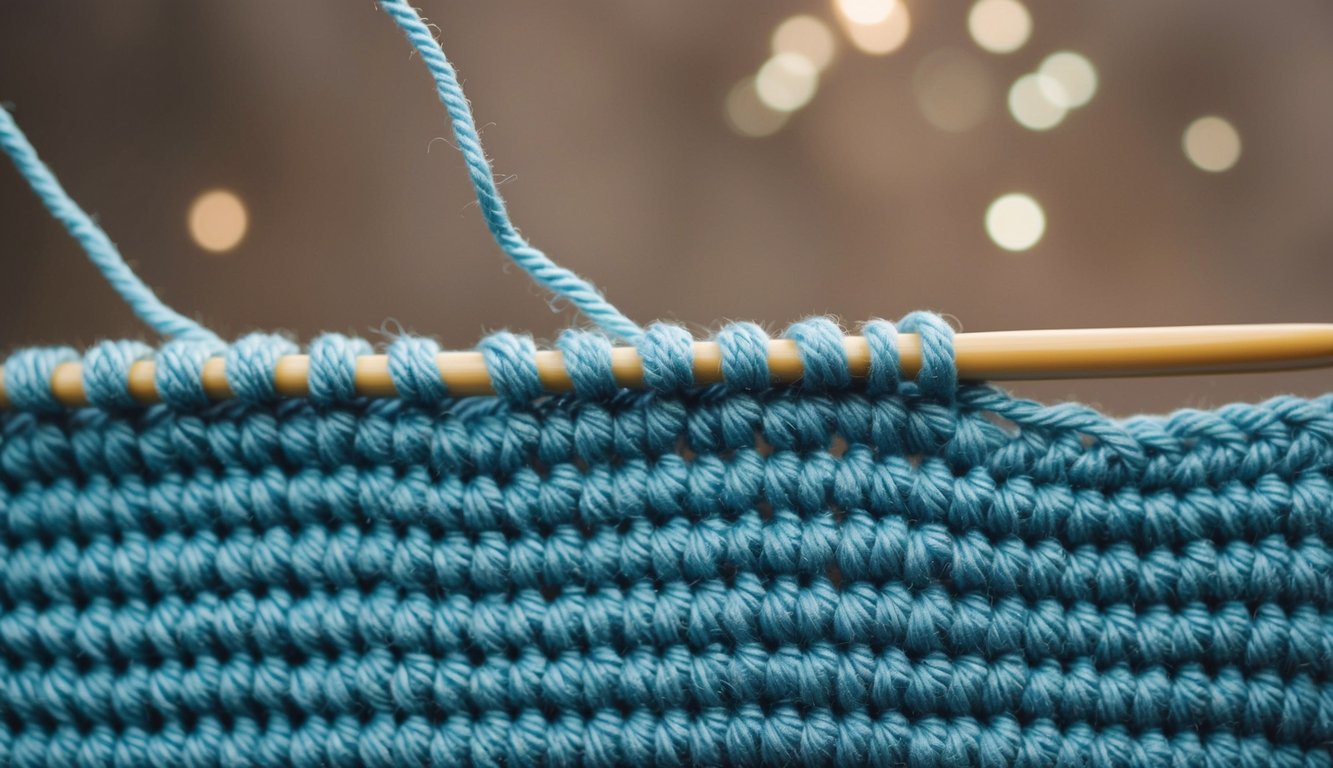 Two strands of yarn being crocheted together, creating a thick and textured fabric