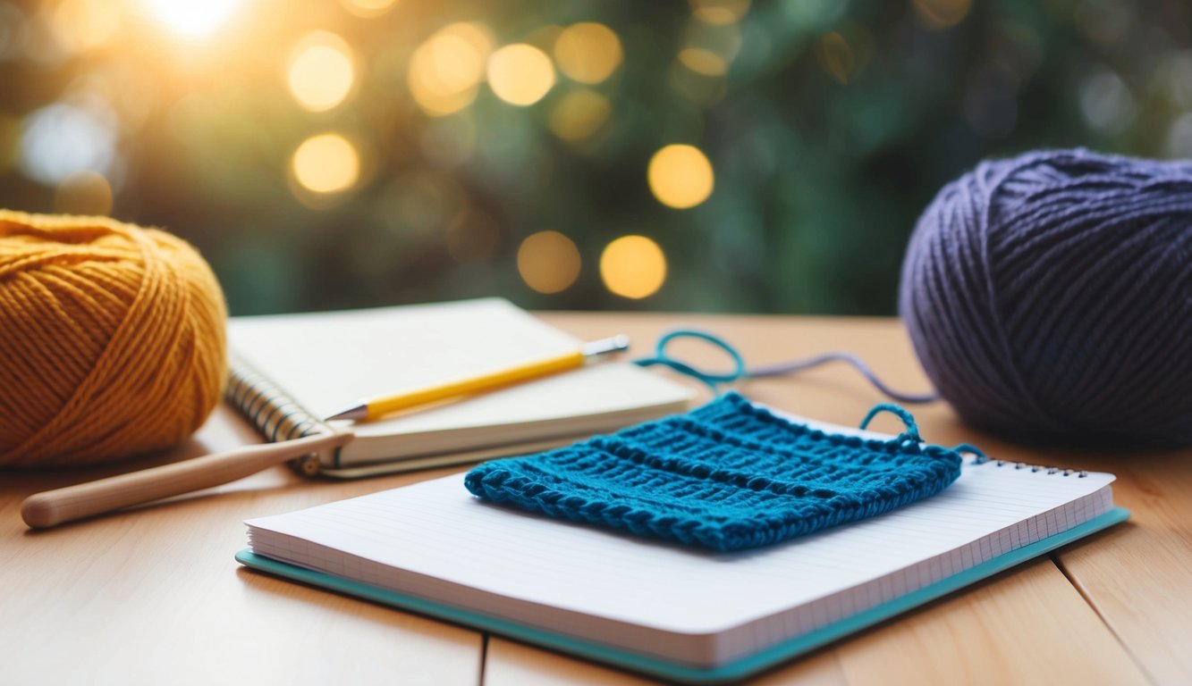 A table with yarn, crochet hooks, and a notebook. A pencil marks down stitches and rows. A finished crochet piece lays nearby for reference