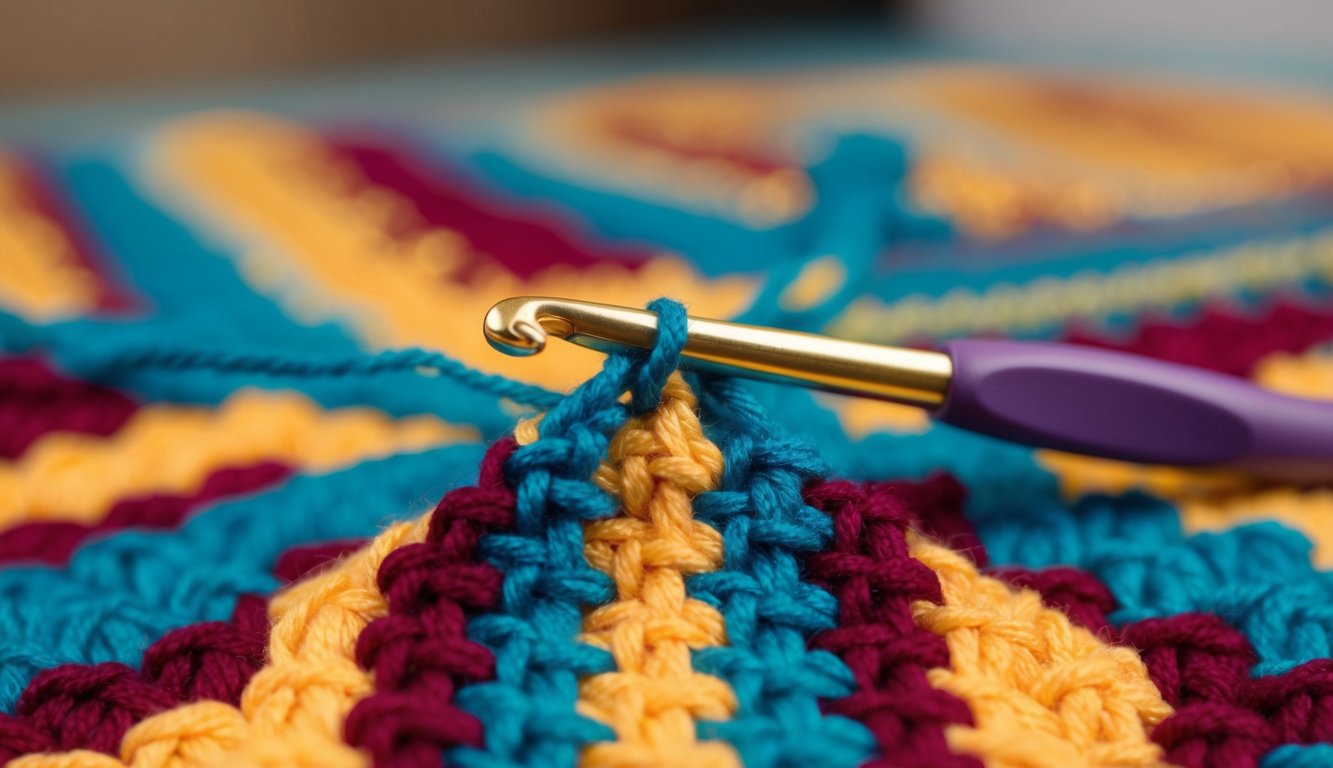A crochet hook and yarn creating a patterned fabric