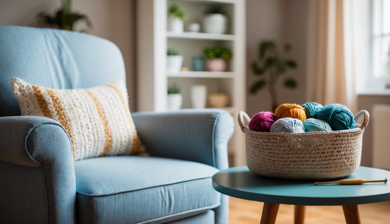 A cozy living room with a comfortable armchair, a basket of colorful yarn, and a crochet hook lying on a side table