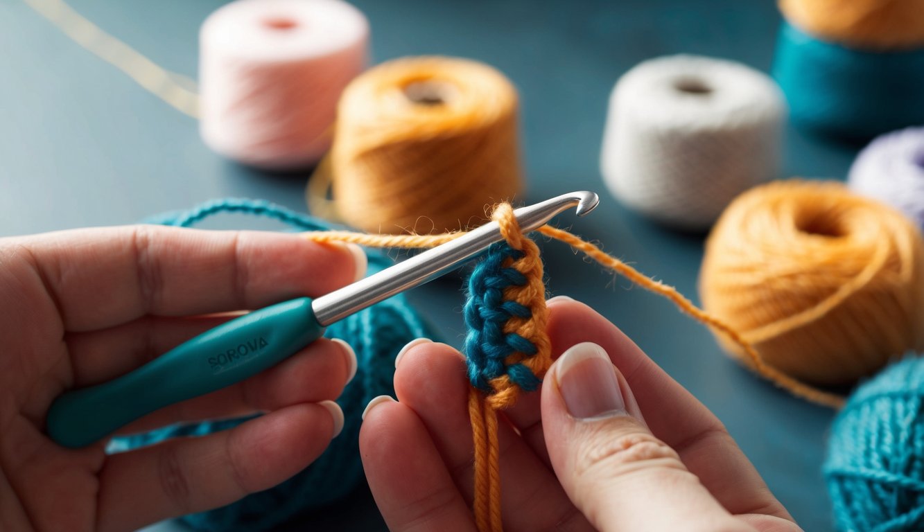 Yarn and crochet hook forming a V-shaped stitch