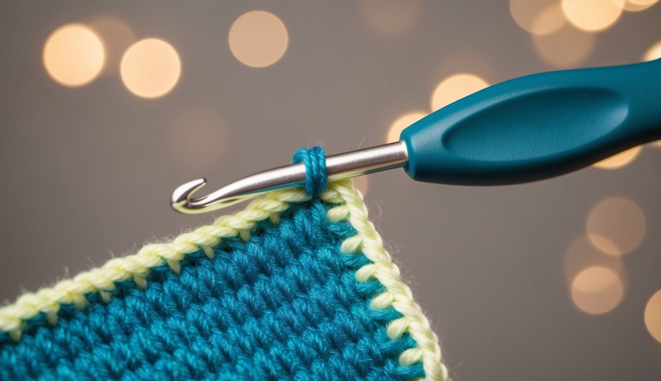 A crochet hook creating a small looped edging on a fabric swatch
