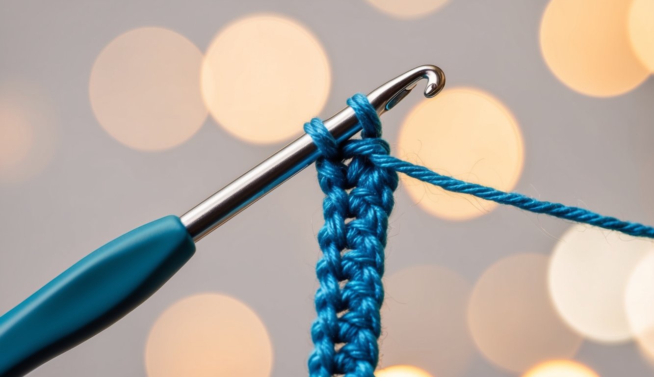 A crochet hook creating a looped stitch with three small, pointed peaks