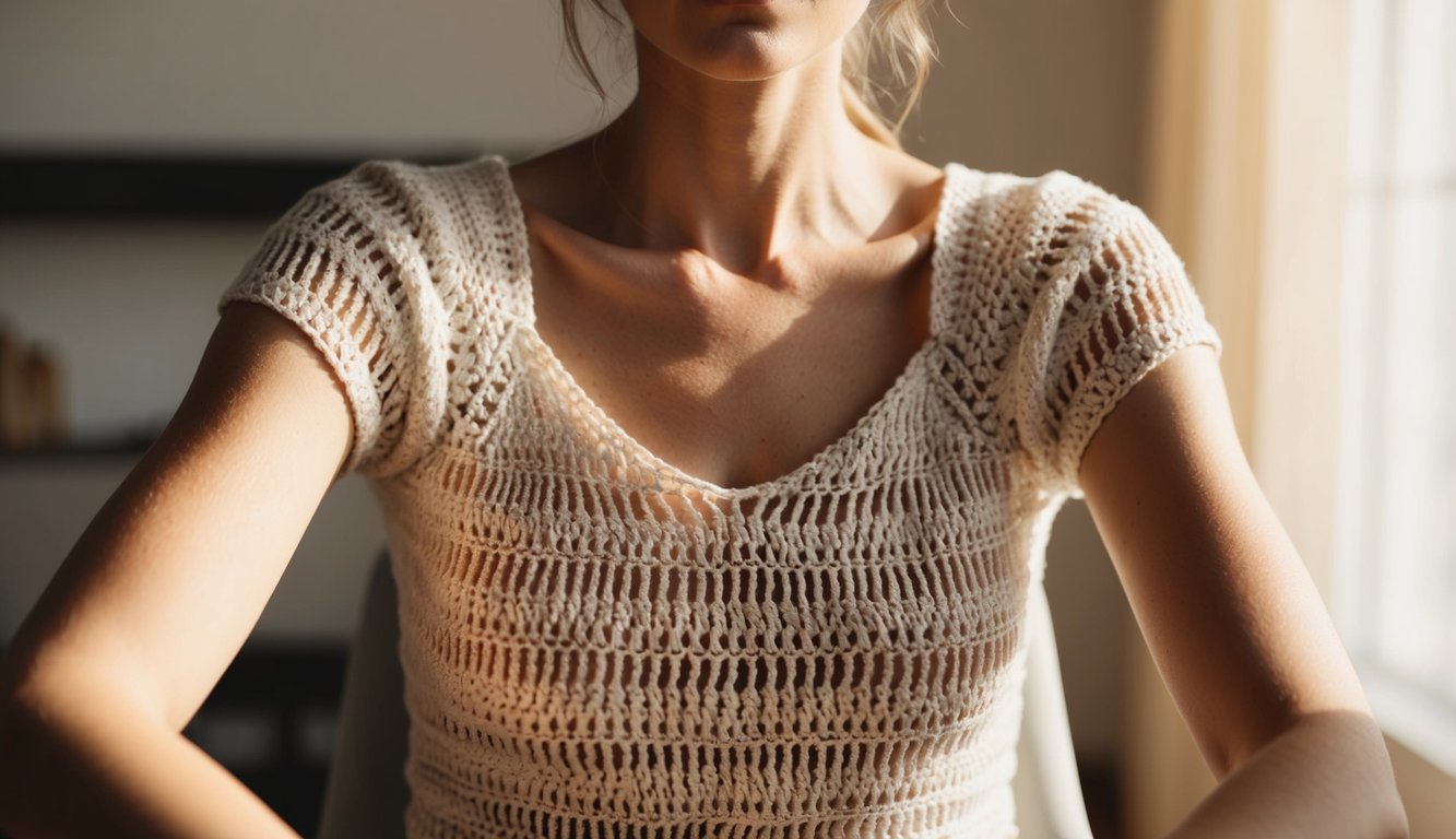 A crochet hook pulling yarn through loops to create a patterned top