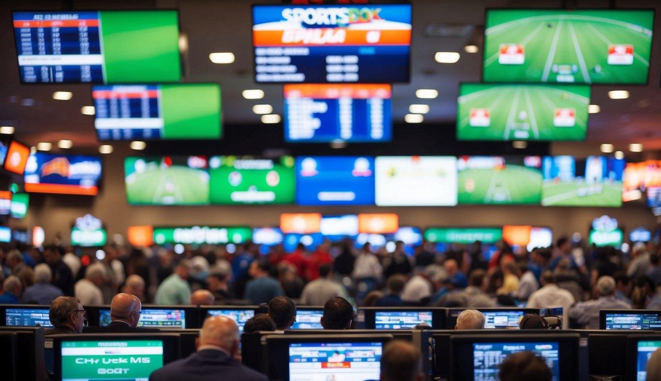 Sebuah sportsbook yang ramai dengan berbagai layar yang menampilkan berbagai acara olahraga dan odds
