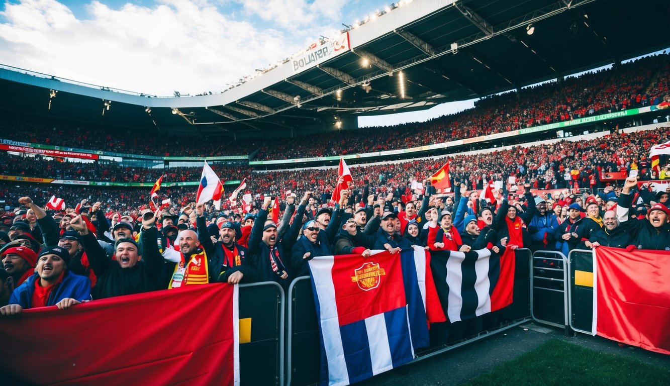 Sebuah stadion olahraga yang ramai dengan penggemar bersorak dan memegang spanduk