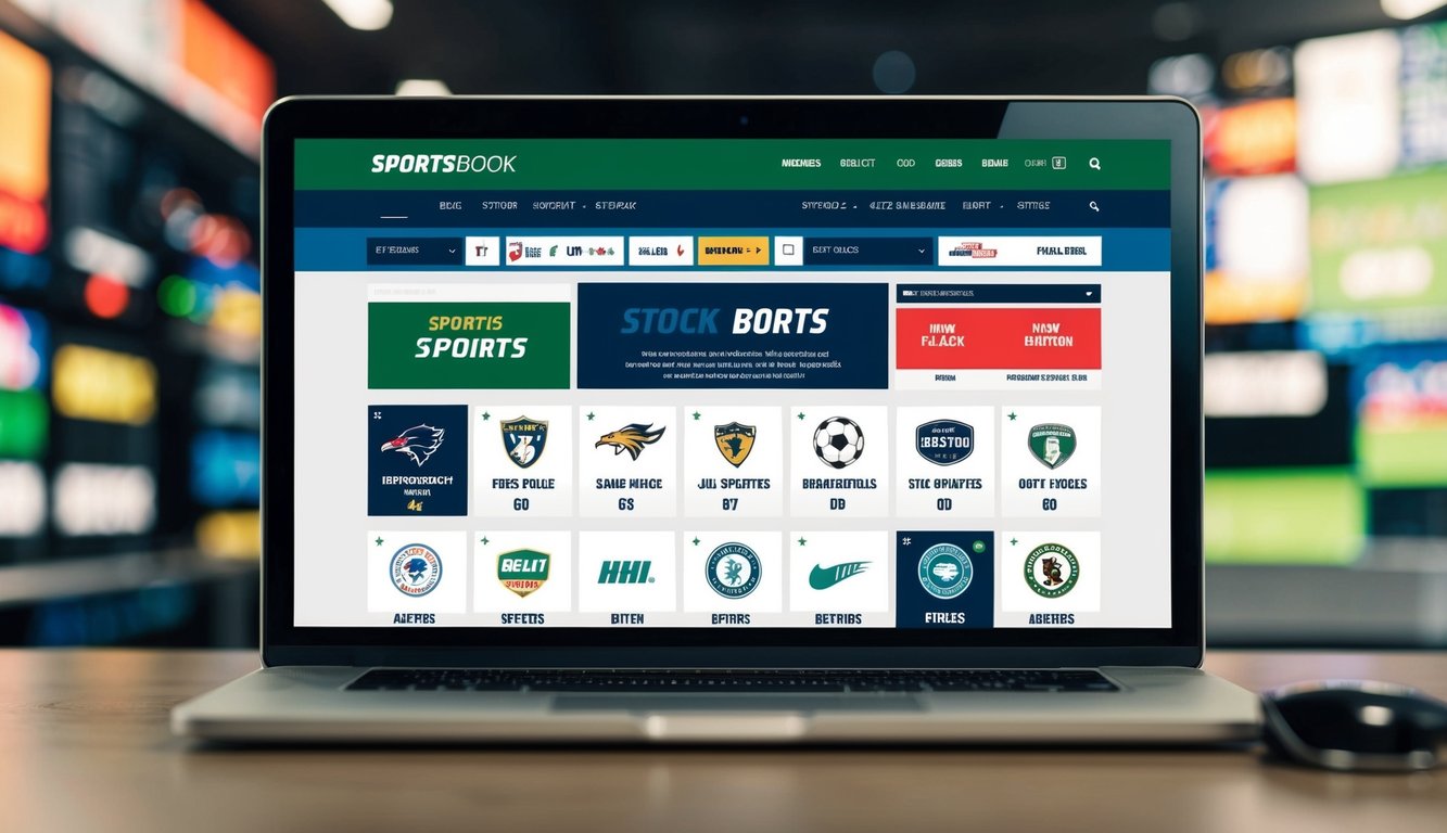 Sebuah situs web sportsbook dengan berbagai logo olahraga, peluang, dan opsi taruhan yang ditampilkan di layar
