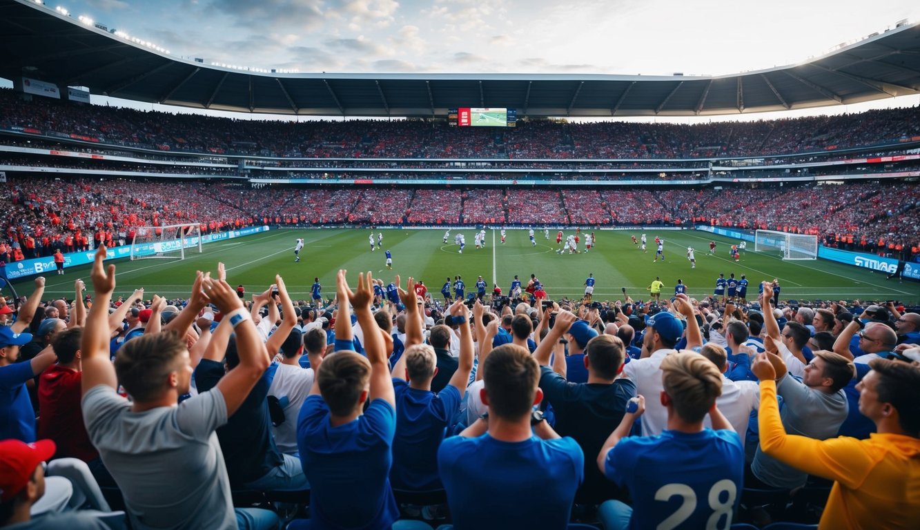 Sebuah stadion olahraga yang ramai dengan para penggemar yang bersorak dan pemain yang beraksi di lapangan