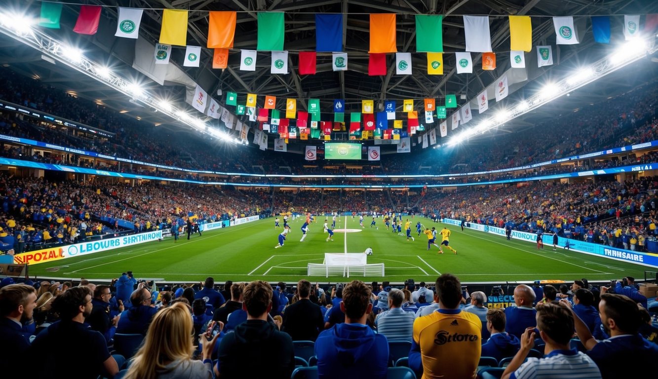 Sebuah arena olahraga yang ramai dengan spanduk berwarna-warni dan lampu berkedip. Para penggemar bersorak dan memasang taruhan saat para atlet bersaing di lapangan.