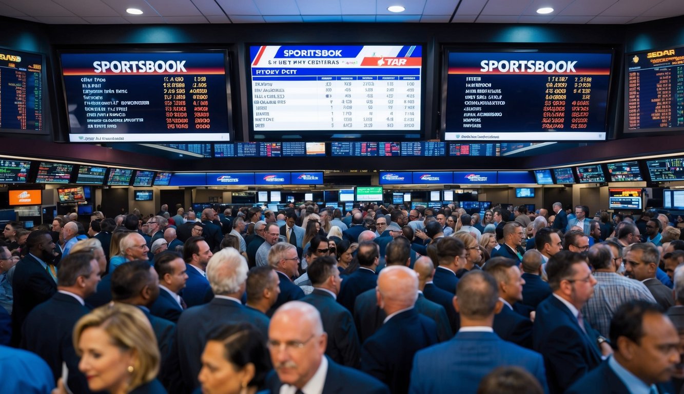 Sebuah sportsbook dengan grafik dan diagram, dikelilingi oleh kerumunan yang ramai