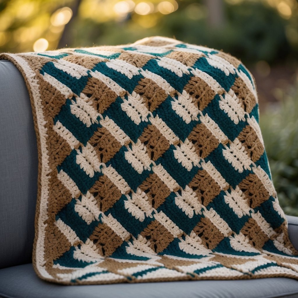 A table with colorful yarn, crochet hooks, and a partially completed mosaic crochet project