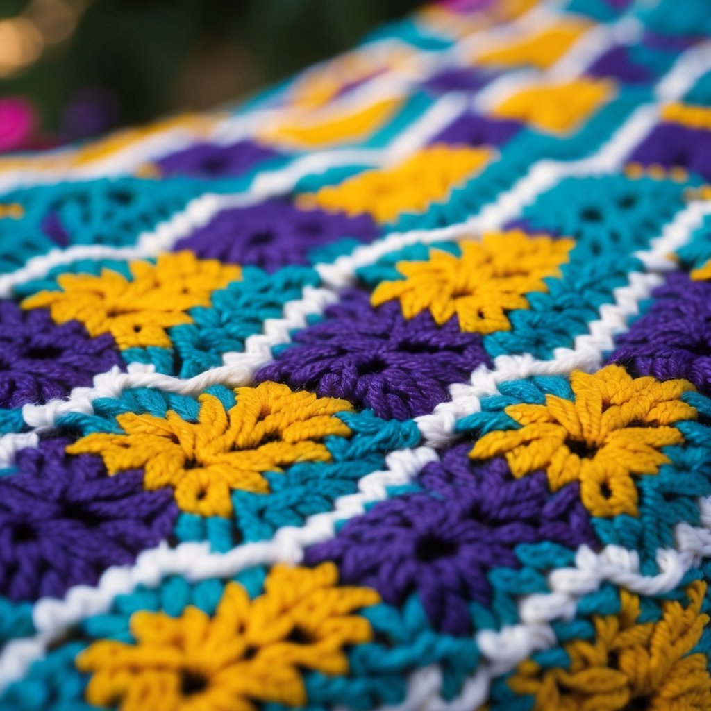 A table with various colored yarn skeins, crochet hooks, and a pattern book open to a page illustrating mosaic crochet techniques
