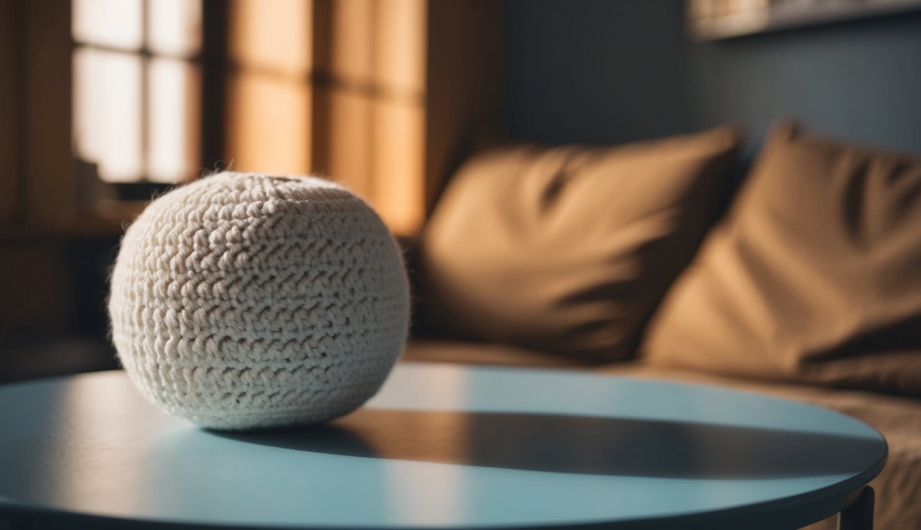 A crochet hook pulling yarn into a circular shape, gradually forming a ball