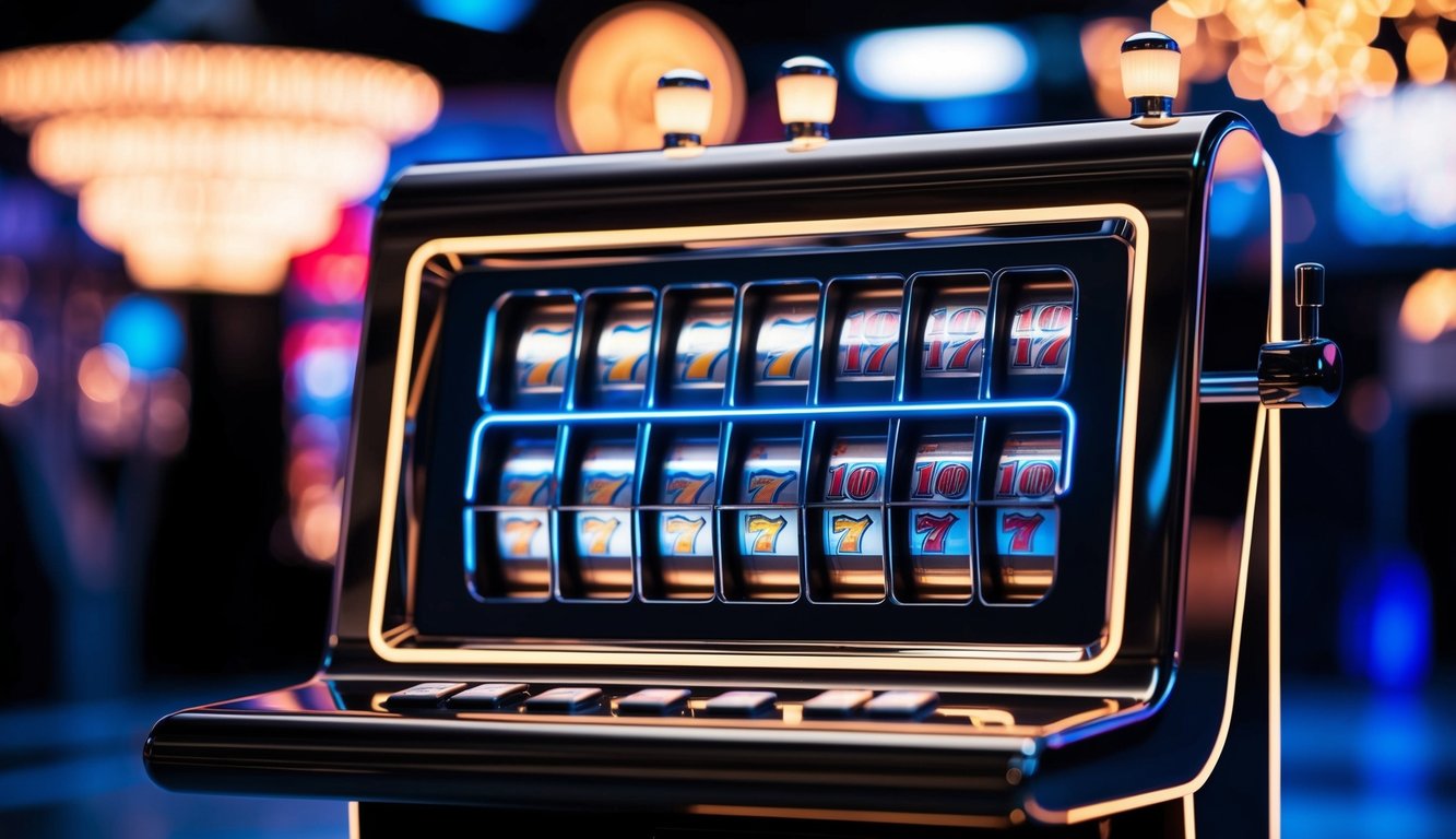 Mesin slot futuristik dengan lampu berkedip dan desain ramping