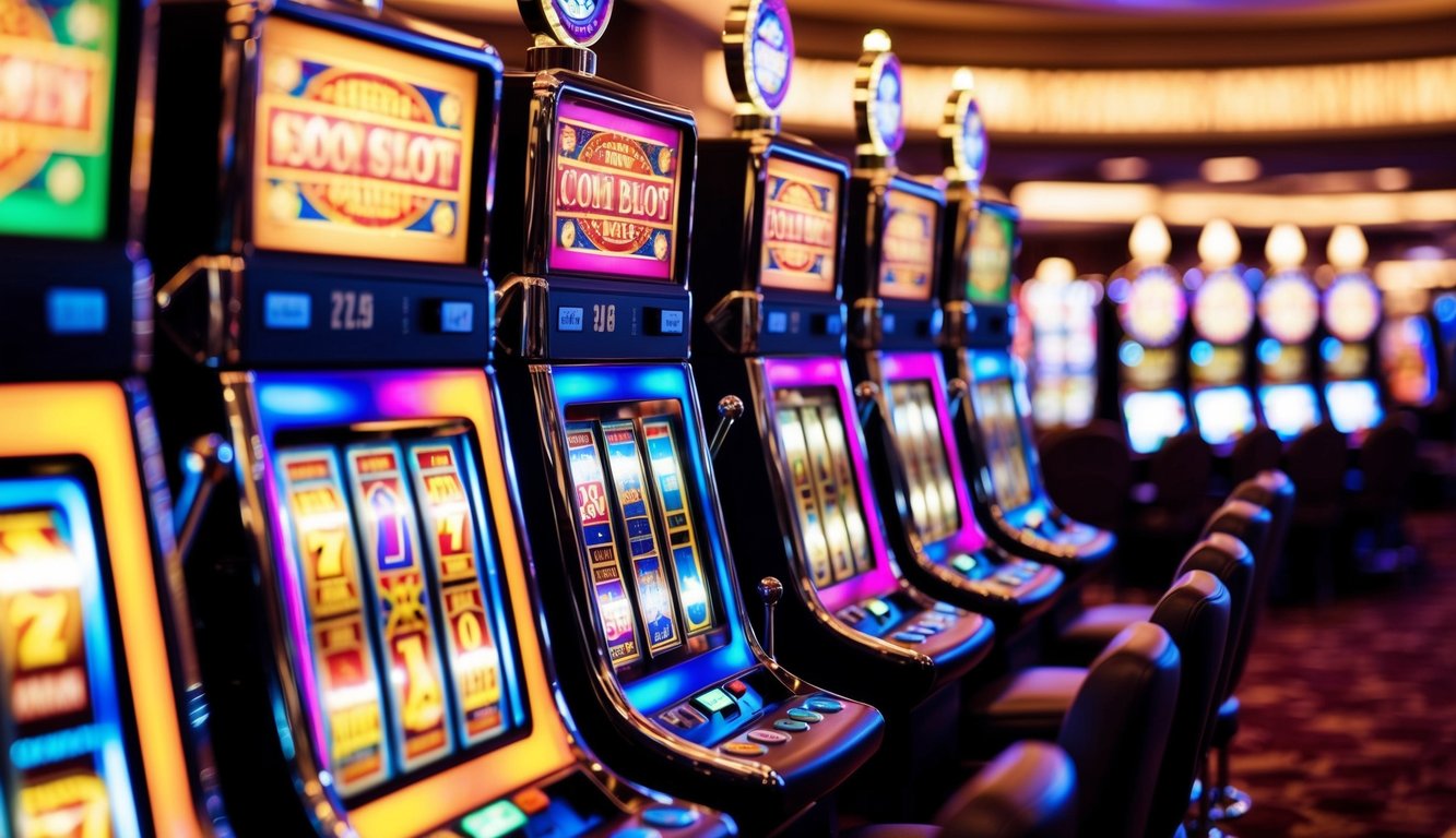 Sekumpulan mesin slot berwarna-warni dengan lampu berkedip dan gulungan berputar di kasino yang ramai