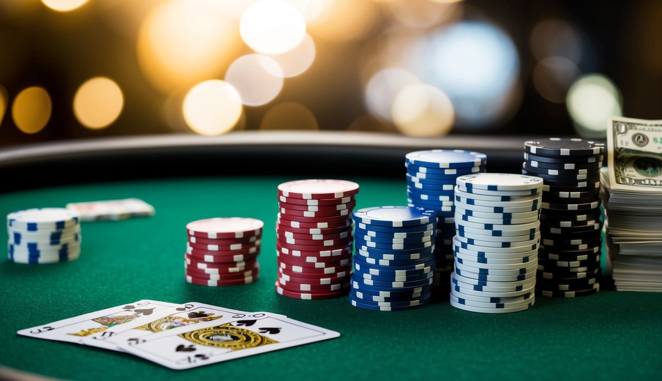 Sekelompok chip poker dan kartu yang disusun di atas meja felt hijau, dengan tumpukan uang di dekatnya