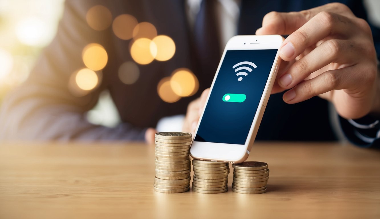 Sebuah tangan memegang ponsel dengan batang sinyal dan tumpukan koin di sampingnya