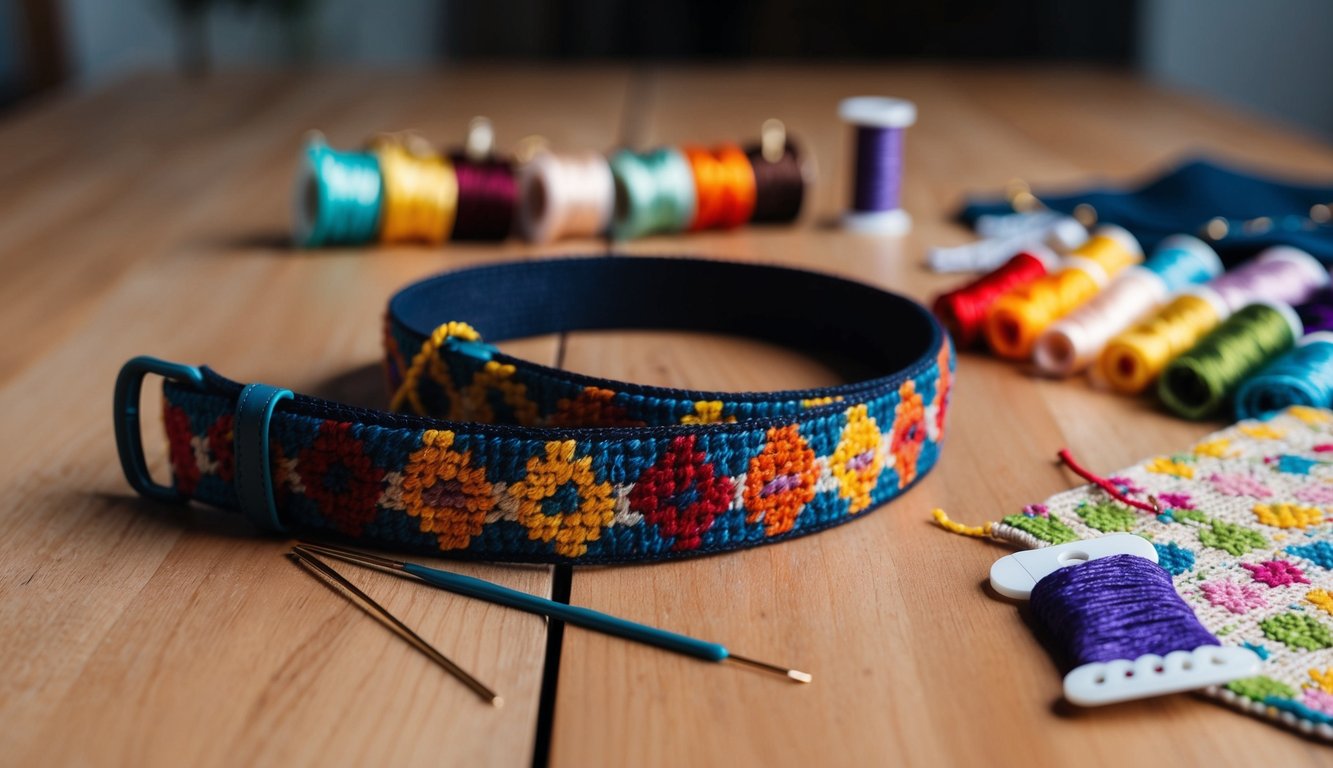 A needlepoint belt kit laid out on a wooden table, with colorful threads, a needle, and a patterned canvas ready to be stitched
