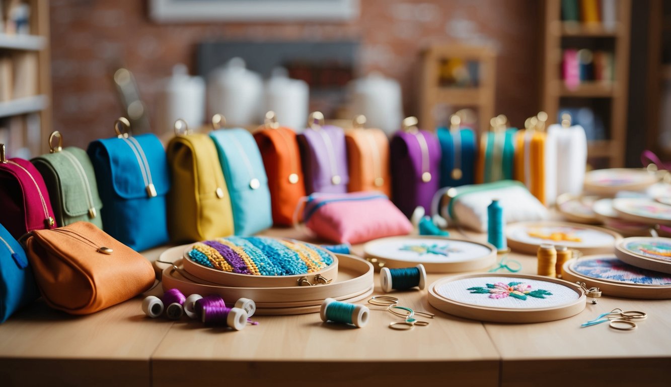 A table scattered with colorful needlepoint project bags, spools of thread, and embroidery hoops