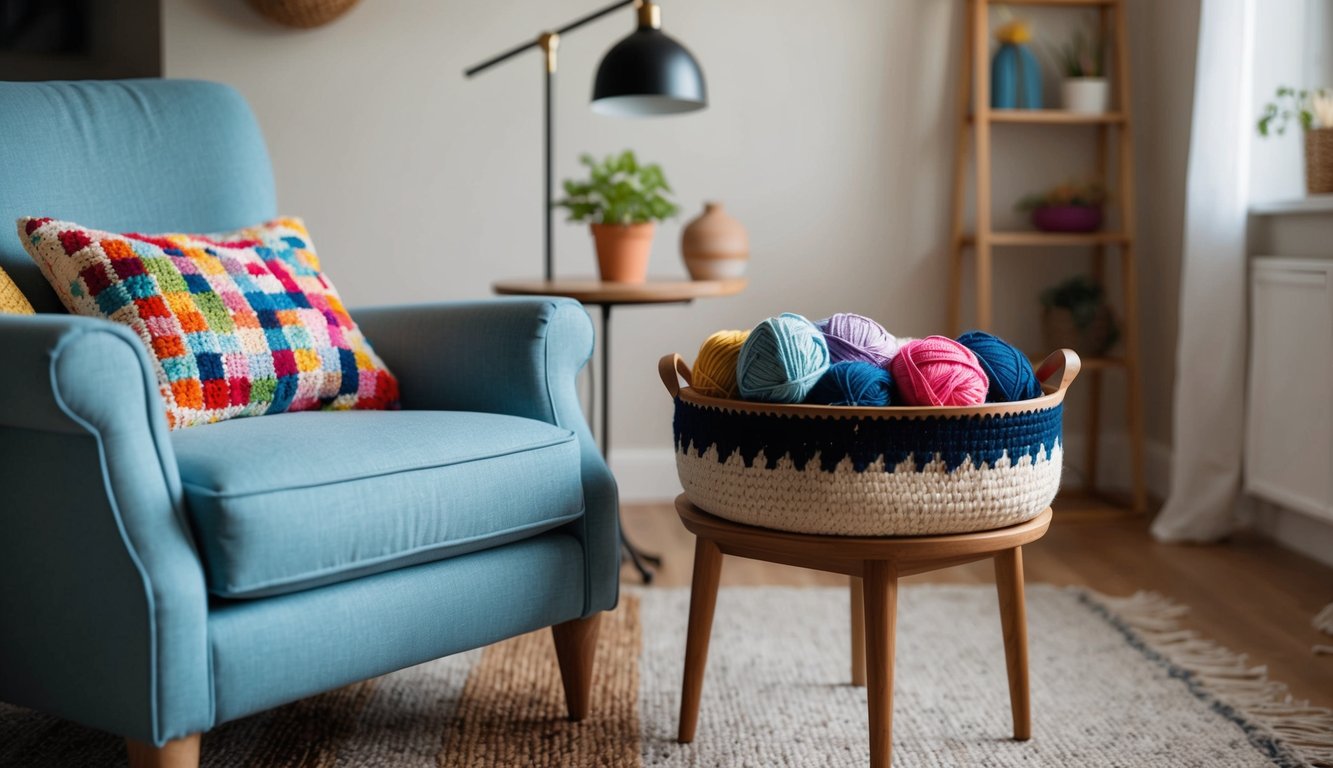 A cozy living room with a comfortable armchair, a wooden side table, and a basket of colorful yarn and needlepoint project bags
