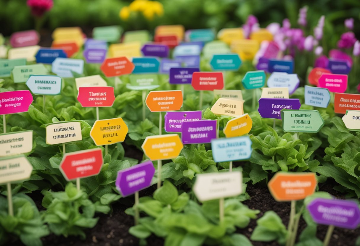 Colorful garden markers and plant labels neatly arranged in a row, surrounded by blooming flowers and lush greenery