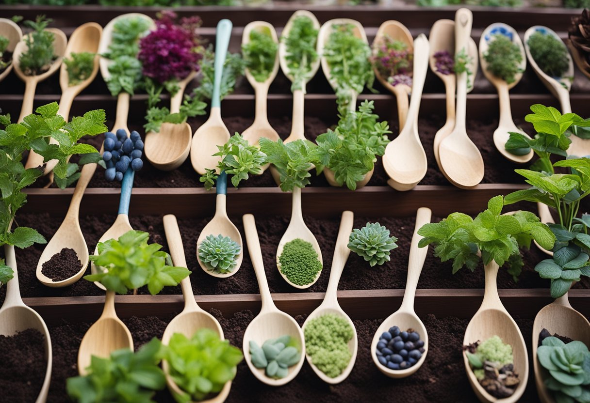 Painted wooden spoons with plant names arranged in a garden bed