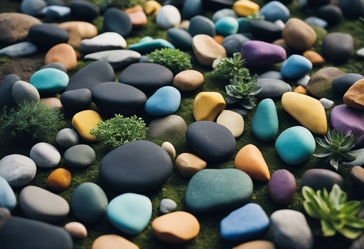 Colorful rocks with chalkboard paint, labeled with various plant names, placed in a garden
