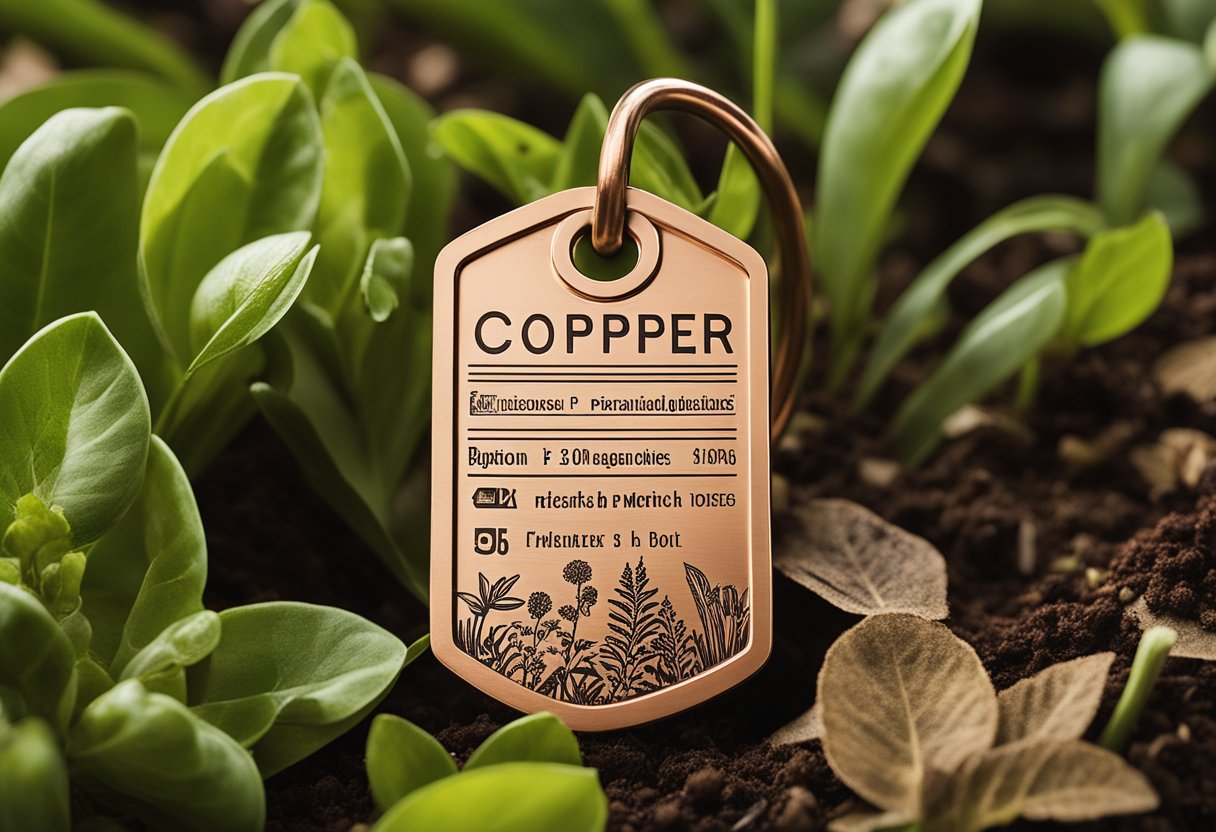 A copper tag stamped with plant info, surrounded by various creative DIY garden markers and plant labels, organized in a garden setting