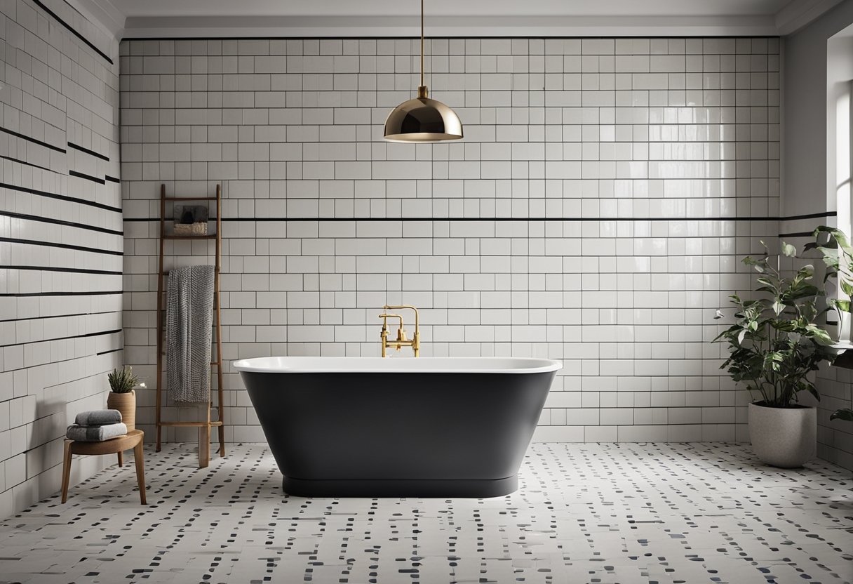 A bathroom with subway tile covering the walls and shower, a patterned design on the floor, and a modern freestanding bathtub as the focal point