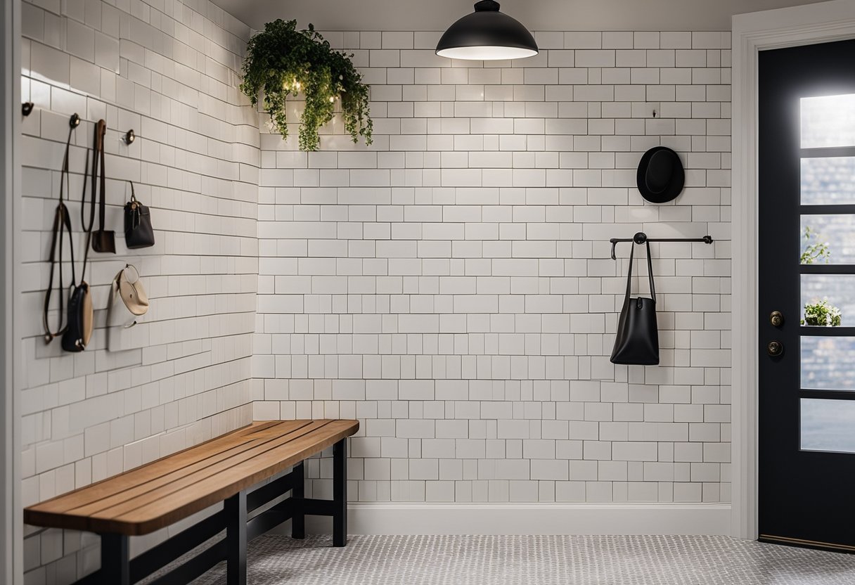 A stylish mudroom with white subway tiles as a durable backsplash, accented with sleek storage and a cozy bench