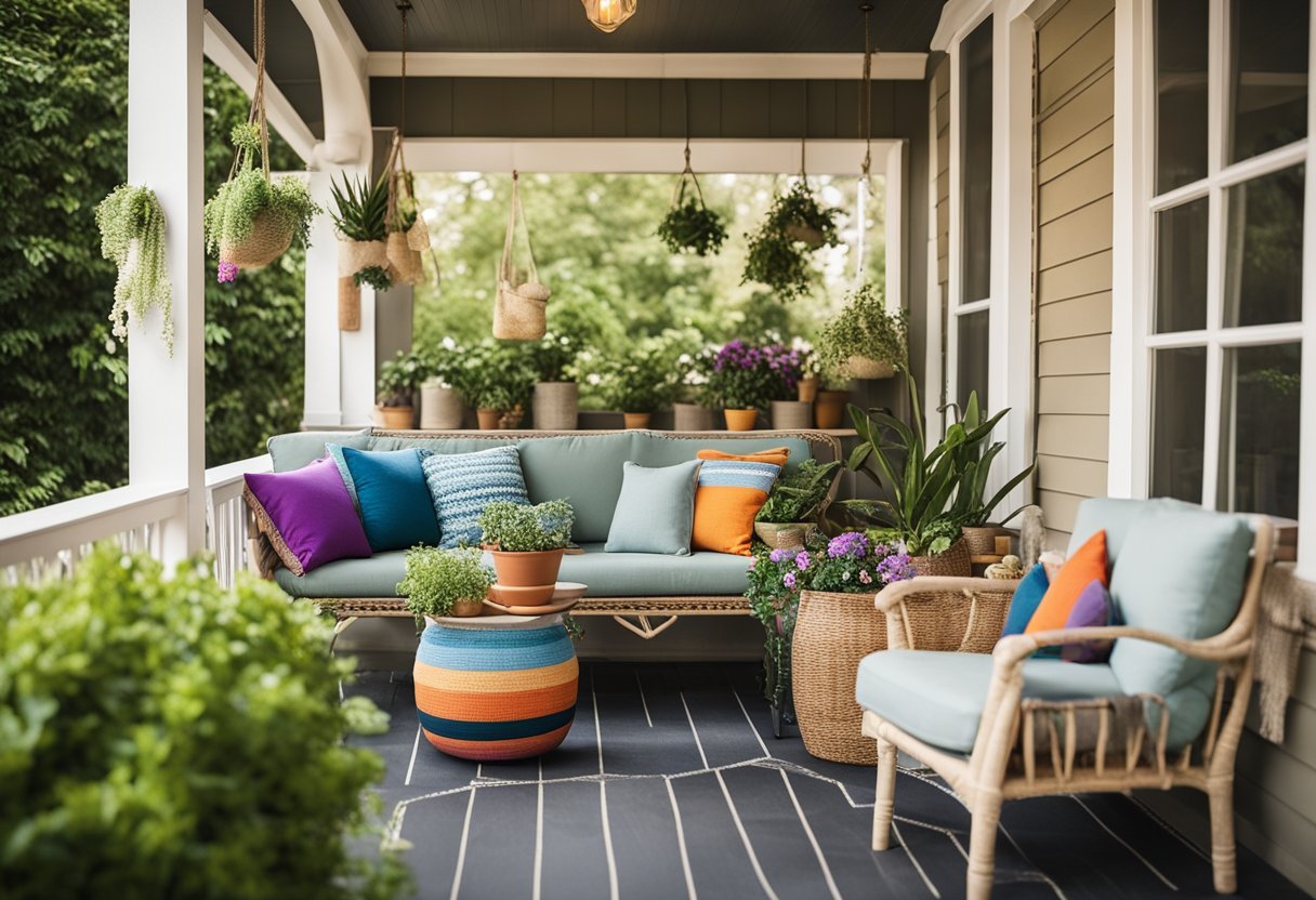 A porch adorned with colorful potted plants, hanging baskets, a welcome mat, and a cozy seating area with vibrant cushions and a decorative throw blanket