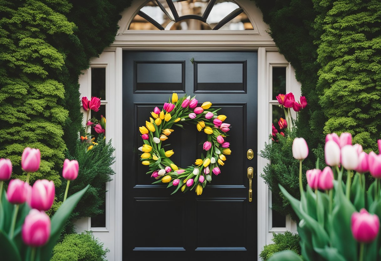 A colorful tulip wreath adorns a front door, surrounded by fresh greenery and bright spring flowers