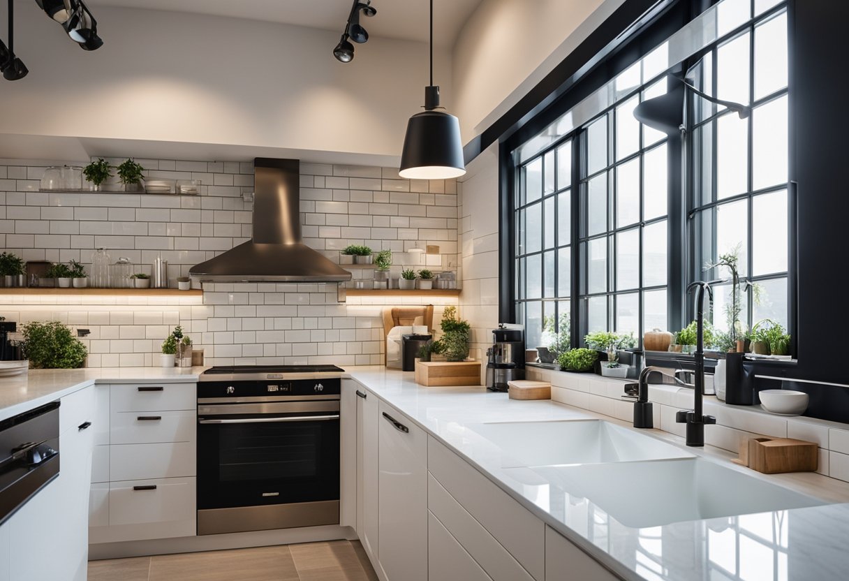 Subway tiles cover the entire backsplash behind sinks and appliances, creating a sleek and modern look in the kitchen