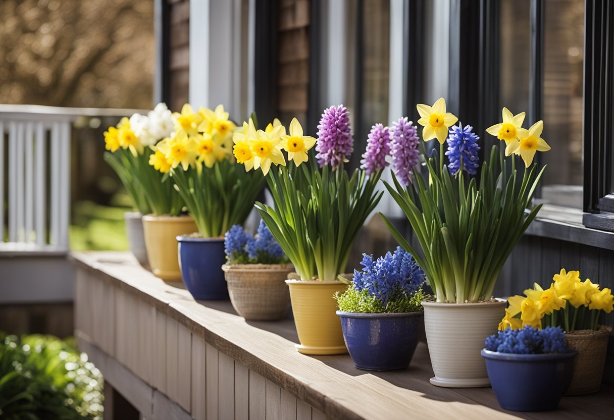 Colorful potted daffodils and hyacinths adorn a spring porch